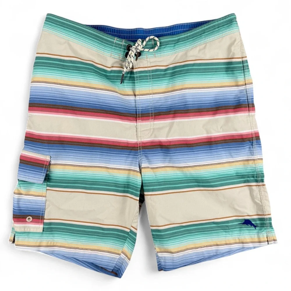Tommy Bahama Relax Swim Trunks Mens L Multicolor Striped Drawstring Board Shorts